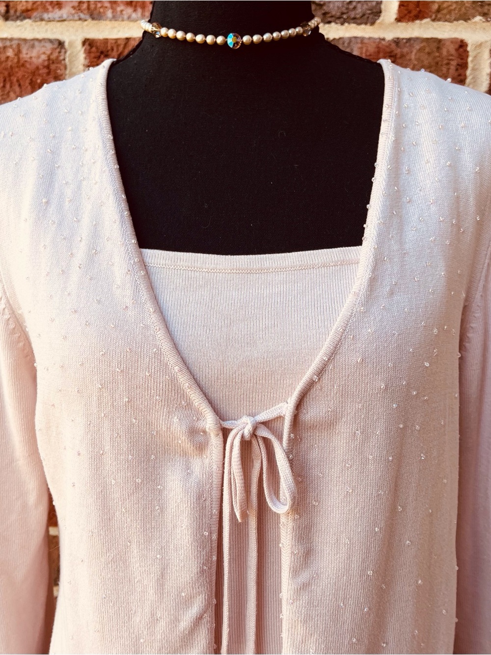 Vintage 90s Pink Silk Beaded Tie Front Cardigan Twin Set - Lord & Taylor fits M